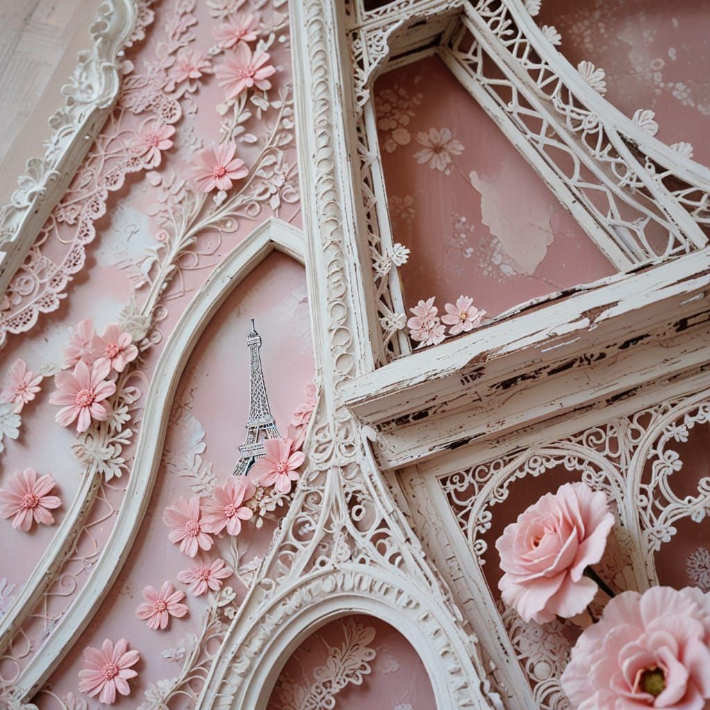Eiffel Tower Amidst Pastel Flowers in Romantic Decay Style