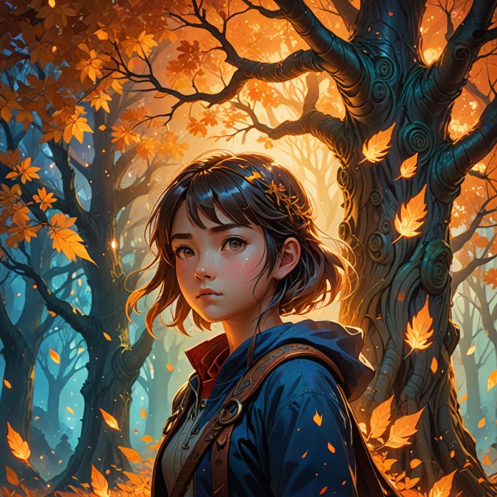 Mystical Girl Amidst Glowing Leaves and Magical Trees in Ani...