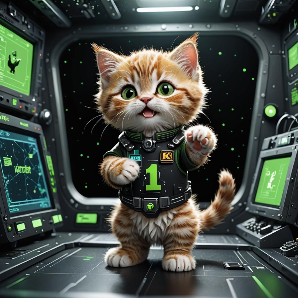 Fluffy Kitten on Spaceship in 3D HDR