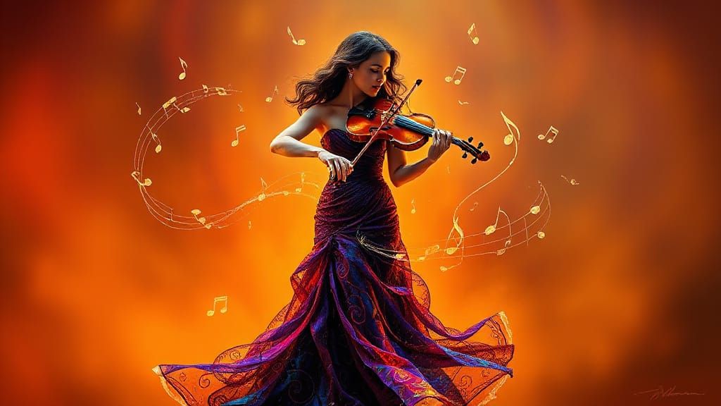 Surreal Lady Violinist Captures Music's Emotion in Vibrant, ...