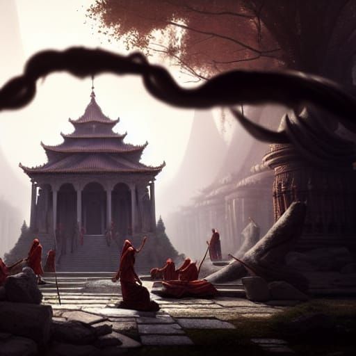 Warrior Monks Training: Dark Fantasy Concept Art