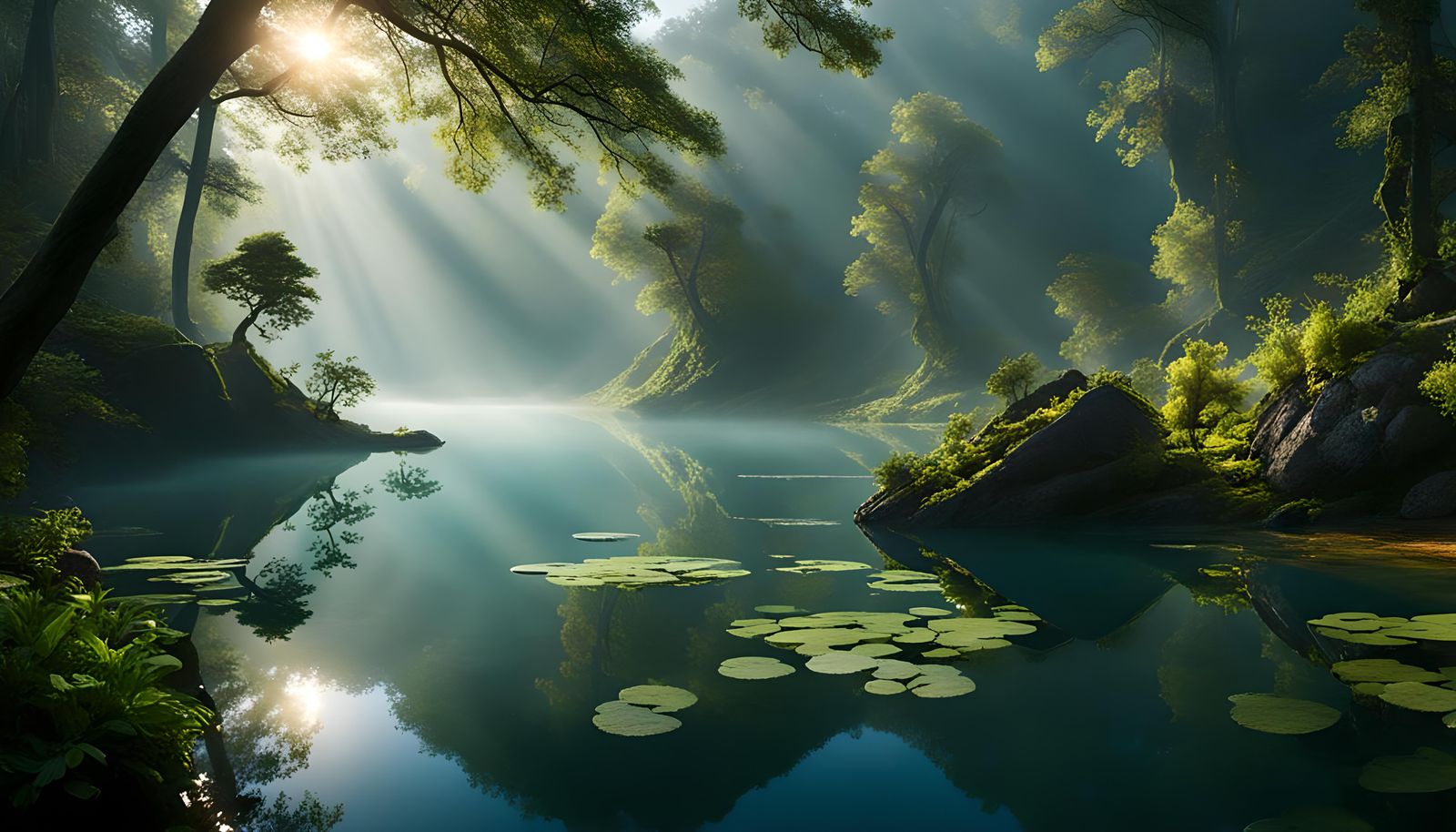 The sun rays through mist and trees