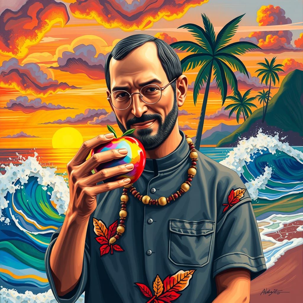 Surreal Island Fantasy: Steve Jobs and Iridescent Apple