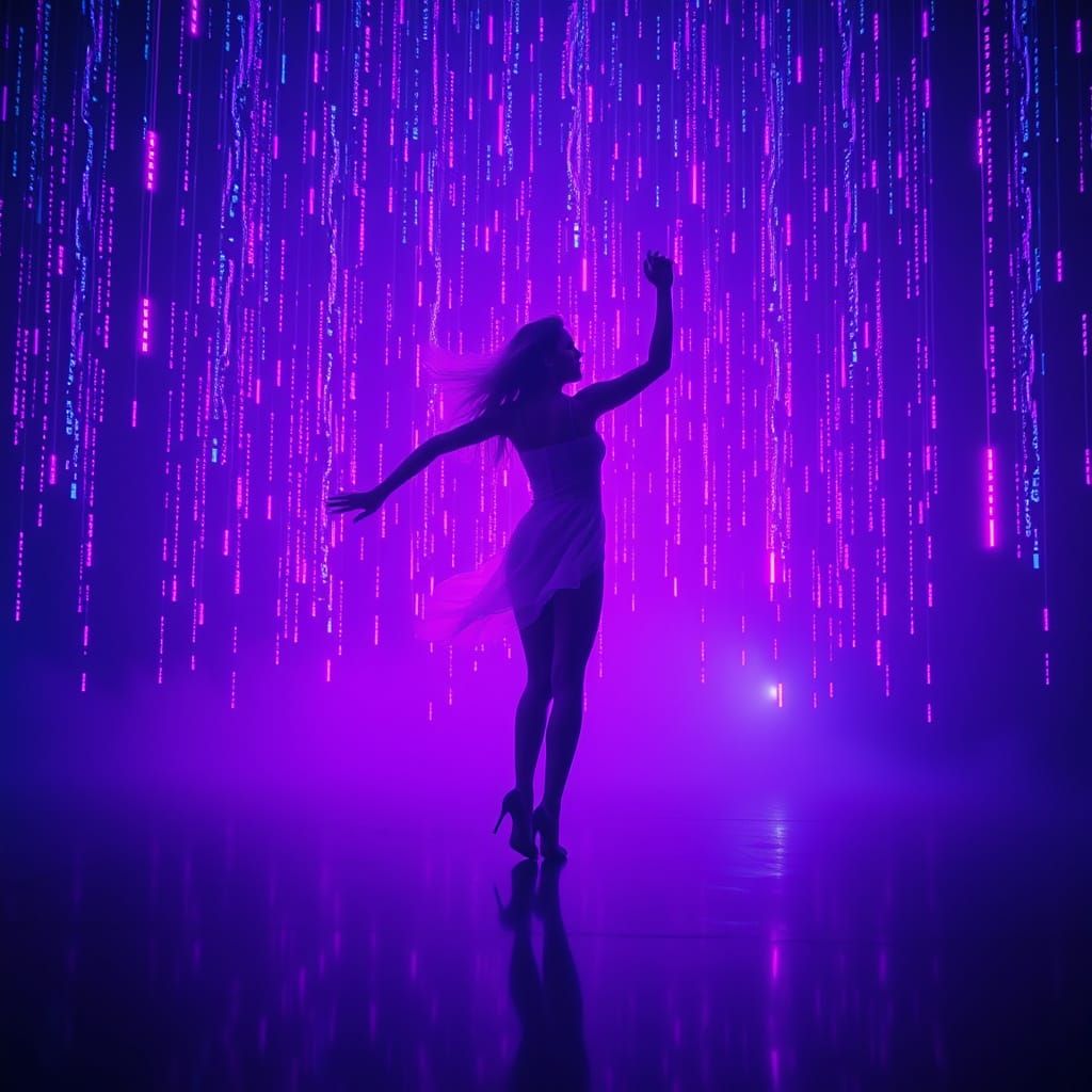 Woman Dancing in Neon Code Rain: Cyber-Mystic Style
