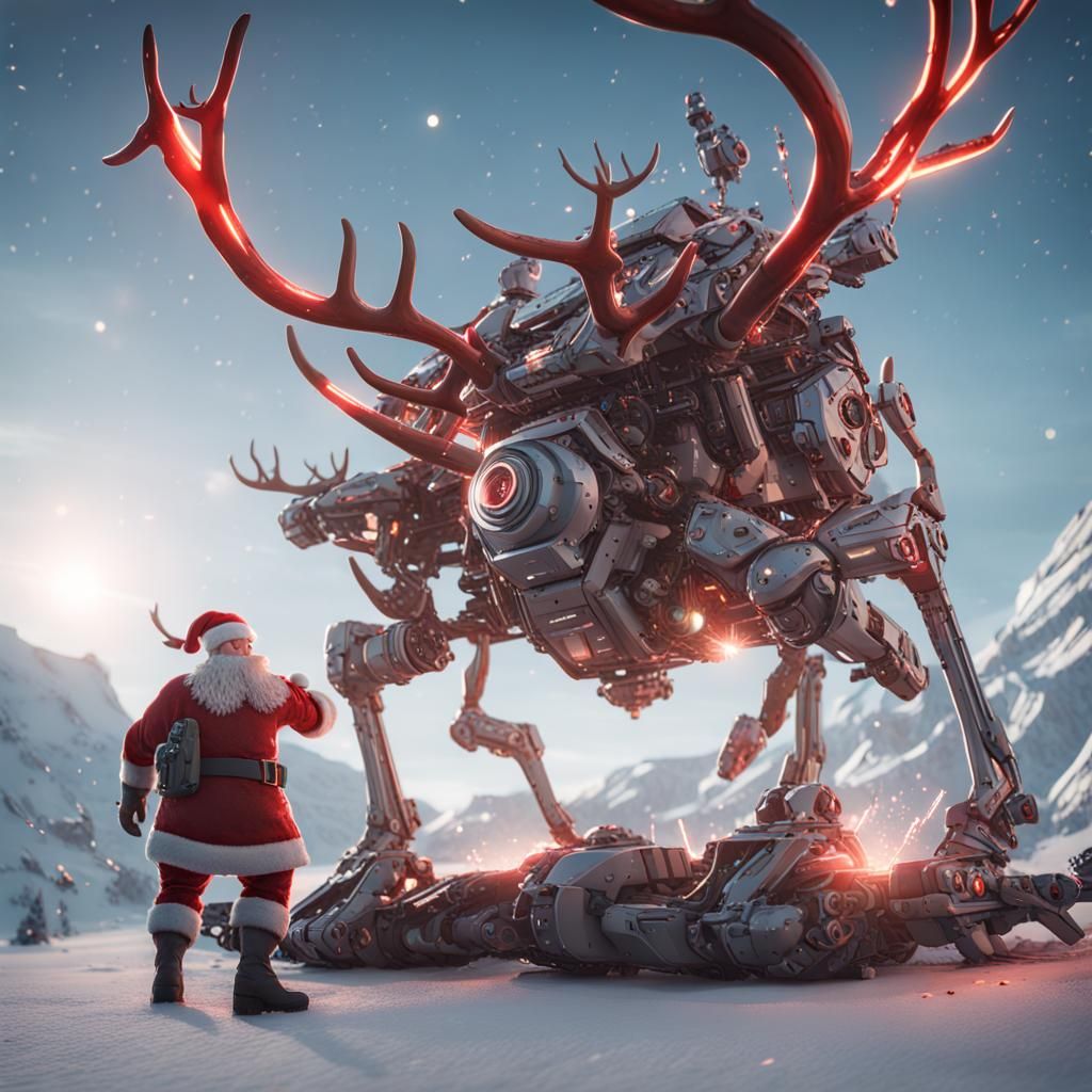 Santa Reindeer Hybrid Fighting Gremlins in Sci-Fi Style