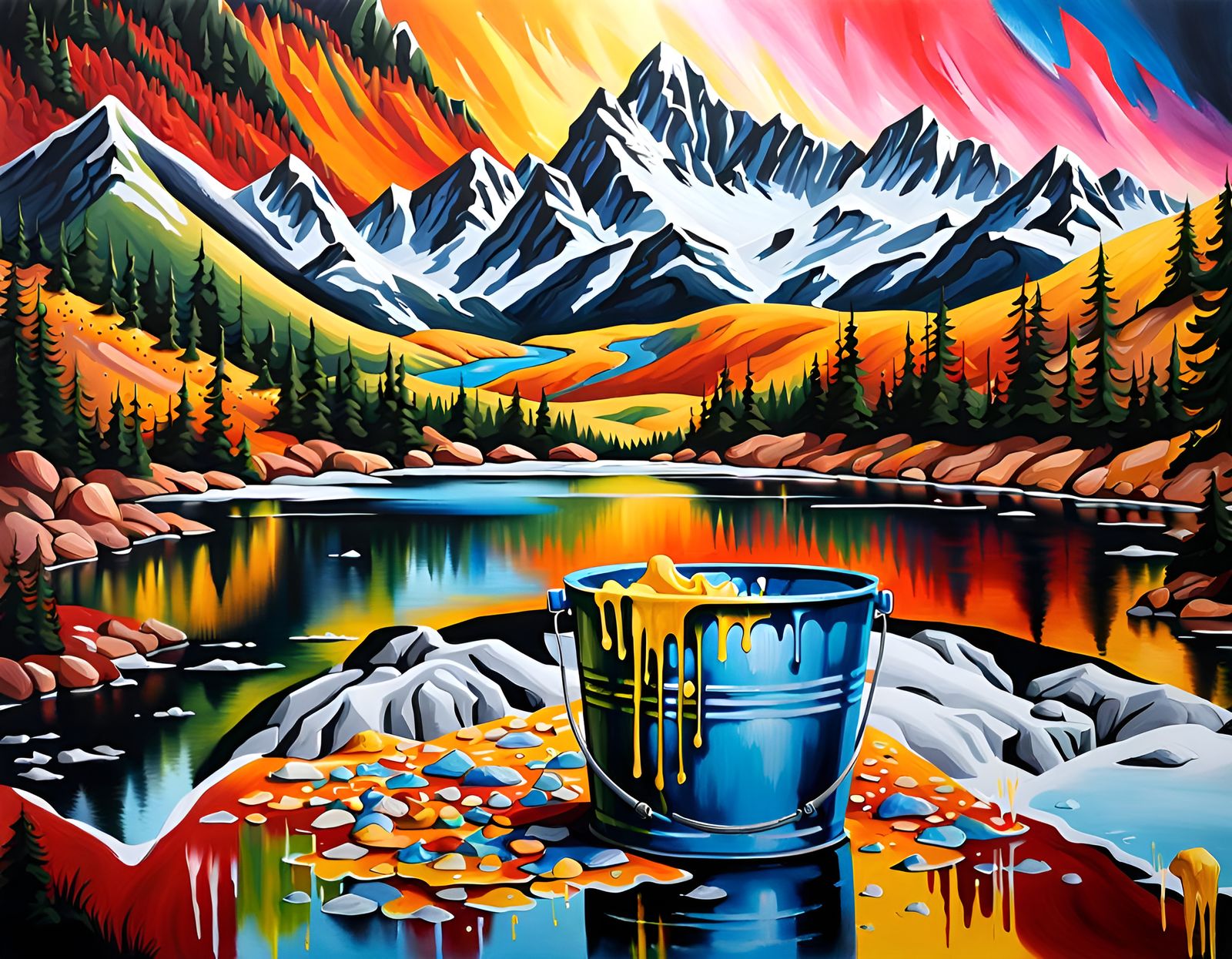 Colorful Lake Landscape Painted from a Bucket