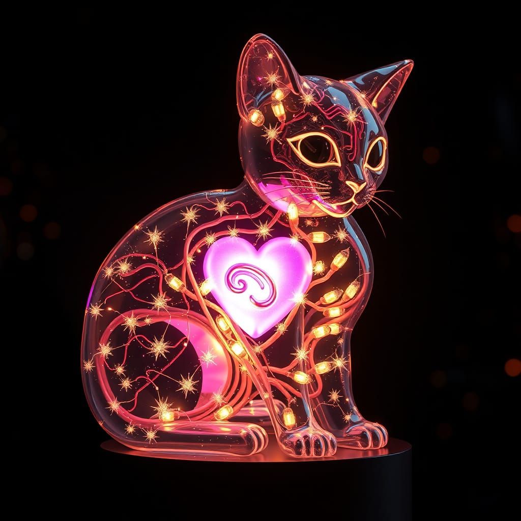 Translucent Cat-Lamp Sculpture with Glowing Heart