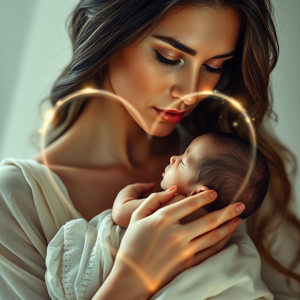 Serenely Beautiful Mother and Child in Hyperrealistic Style