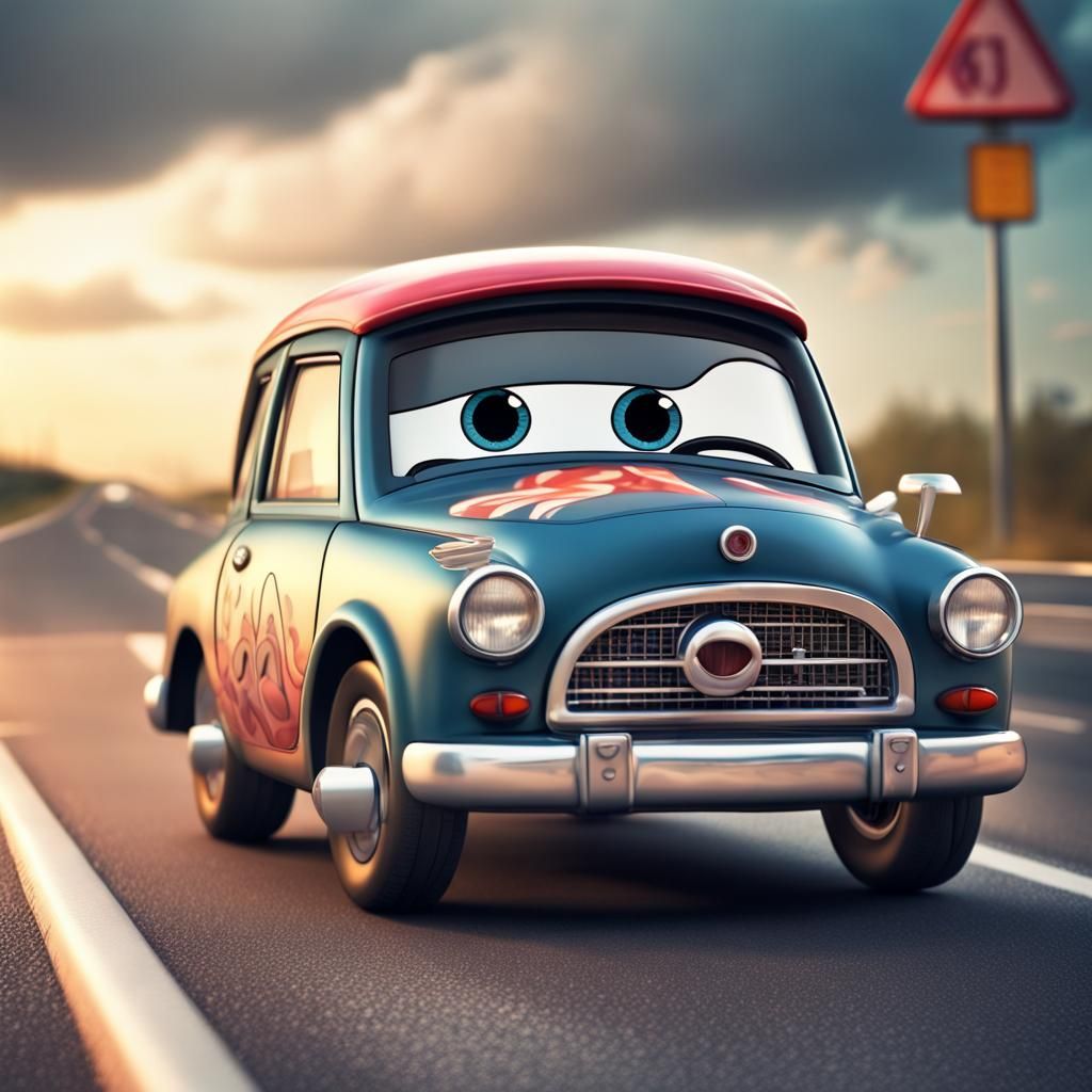 Cartoon Car on Highway, Hyperrealistic 64MP Render