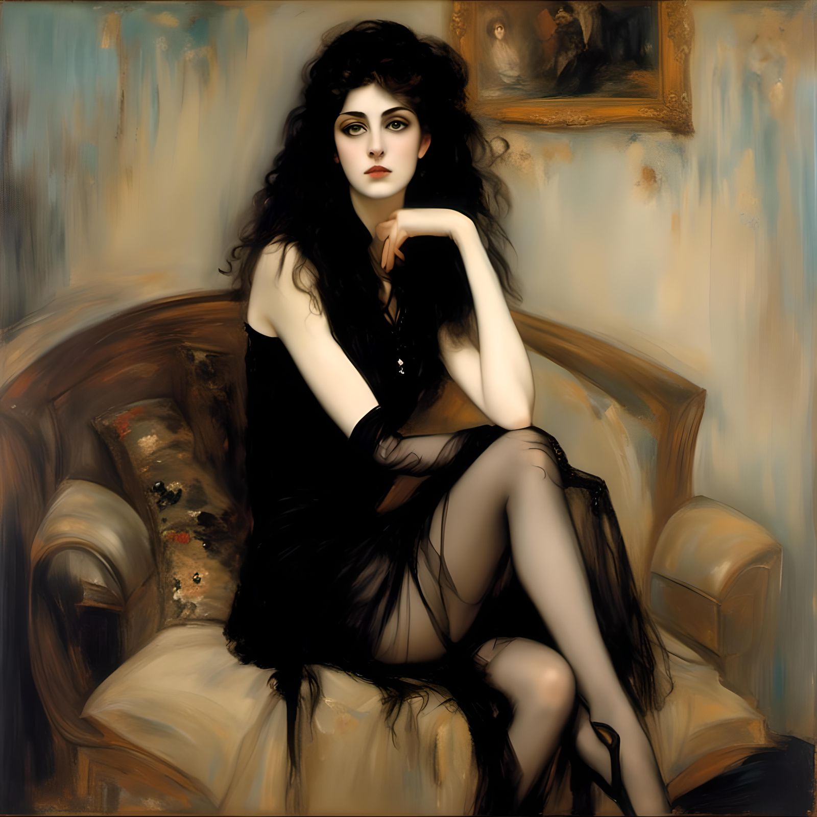 Woman in Black on Beige Sofa: Hyperrealistic Portrait