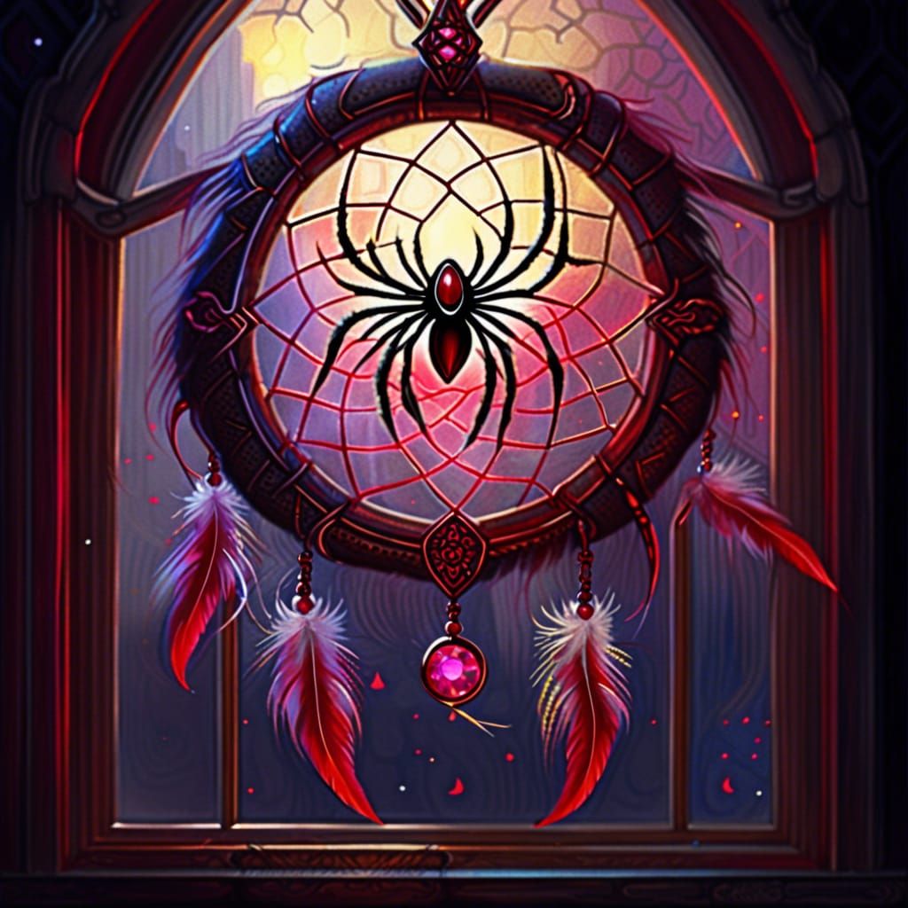 Gothic Dreamcatcher with Ruby Spiders in Fantasycore Style