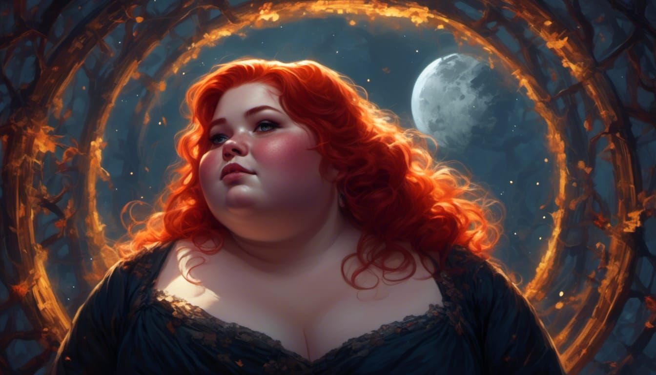 Curvy Redhead in Starry Night, Chiaroscuro Illustration