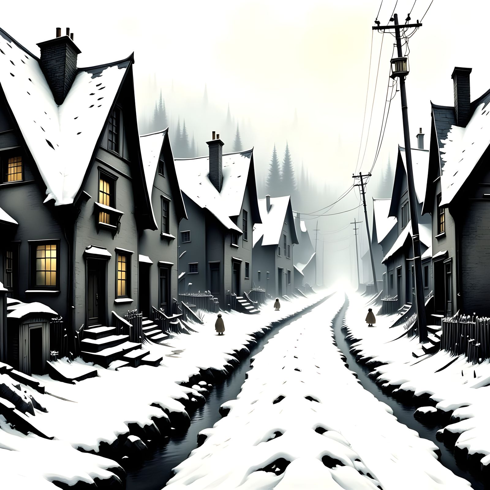 Snowy Village Lane in Ghost Town Style