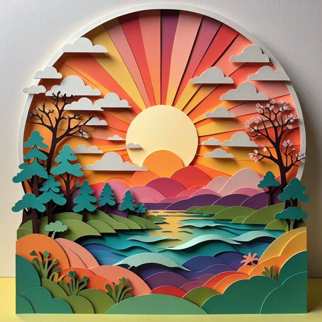 Detailed Papercraft Sunset in Retro Colors