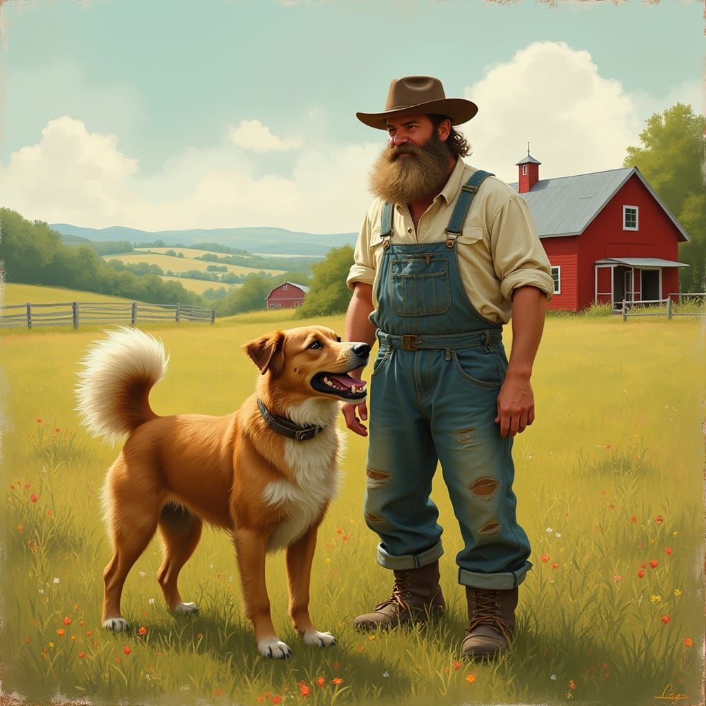 Loyal Dog Stands Beside Rugged Farmer in Sunny Rural Landsca...