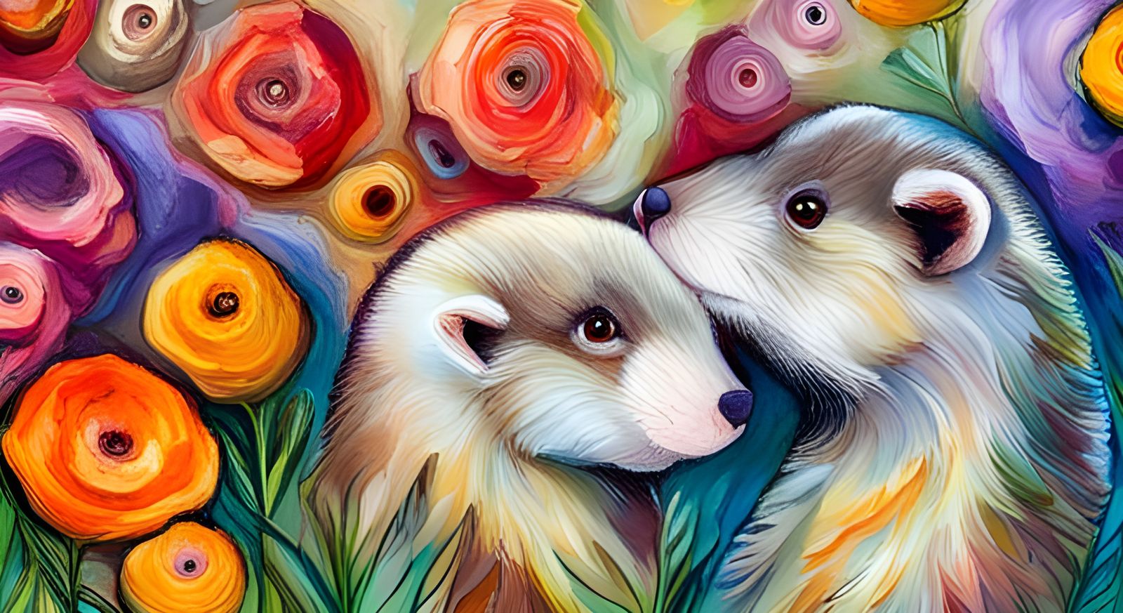 Detailed Ferret Portrait with Flowers in Impasto Style