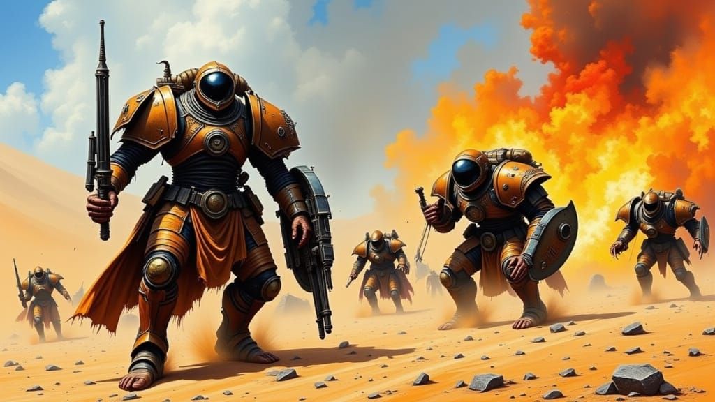 Armored Warriors Clash in Explosive Sandstorm Combat