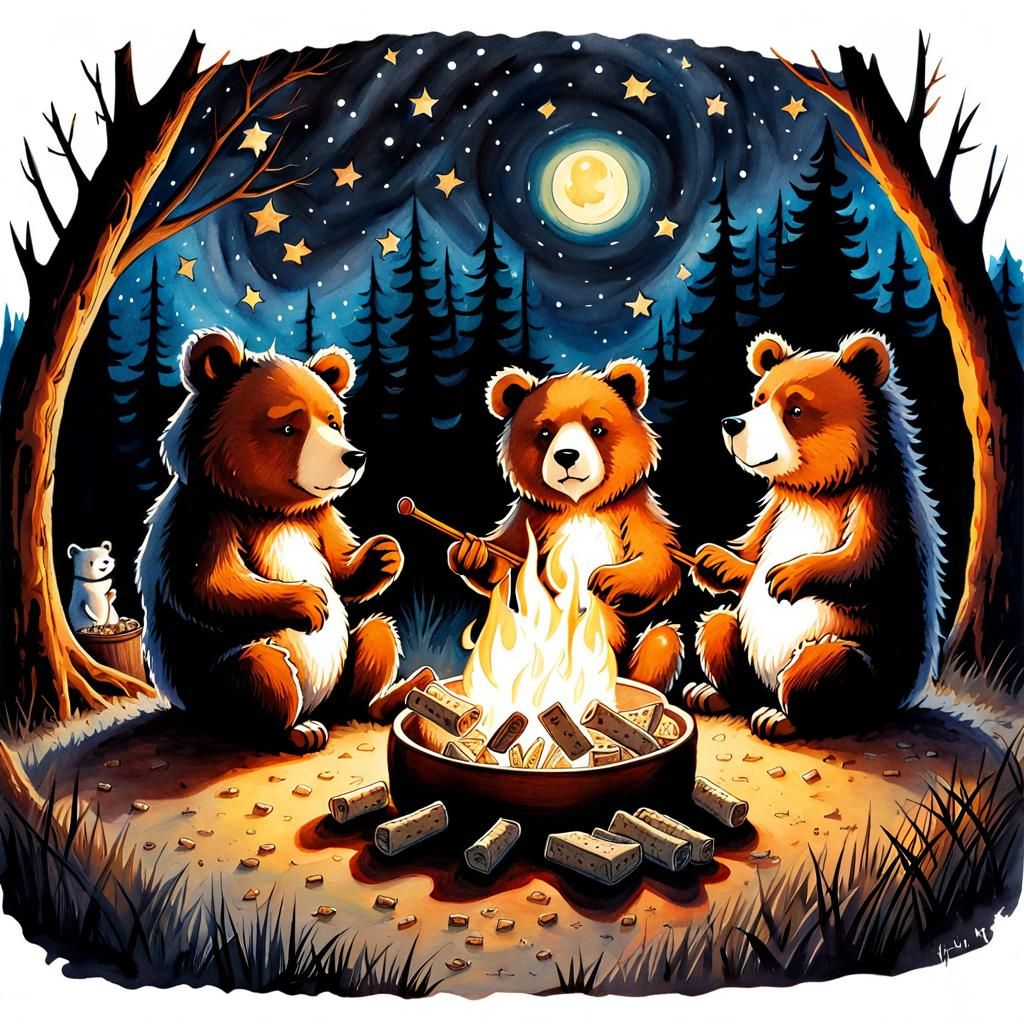 Cozy Bears Campfire Scene in Watercolor Style