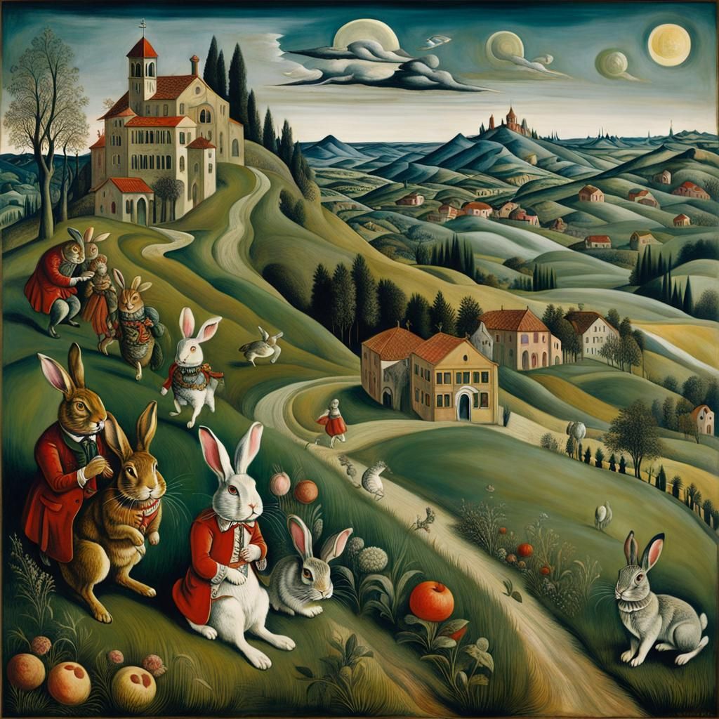 Satirical Rabbit Landscape Blending Renaissance and Expressi...
