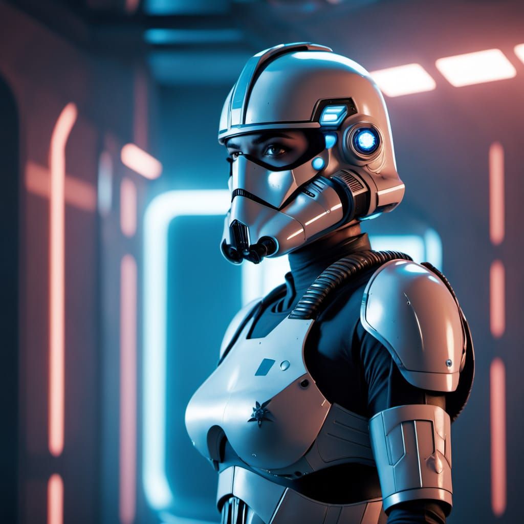 Pregnant Clone Trooper in Neon-Lit Corridor