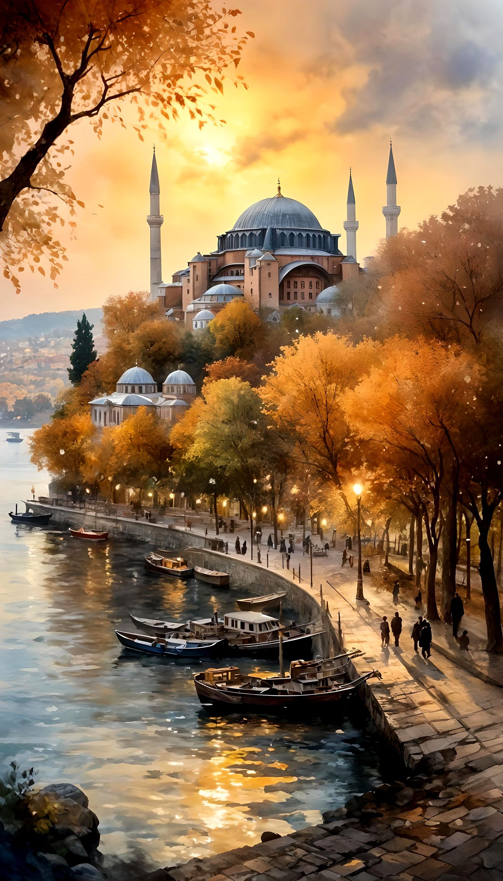 Hagia Sophia at Autumn Twilight, Watercolor Painting