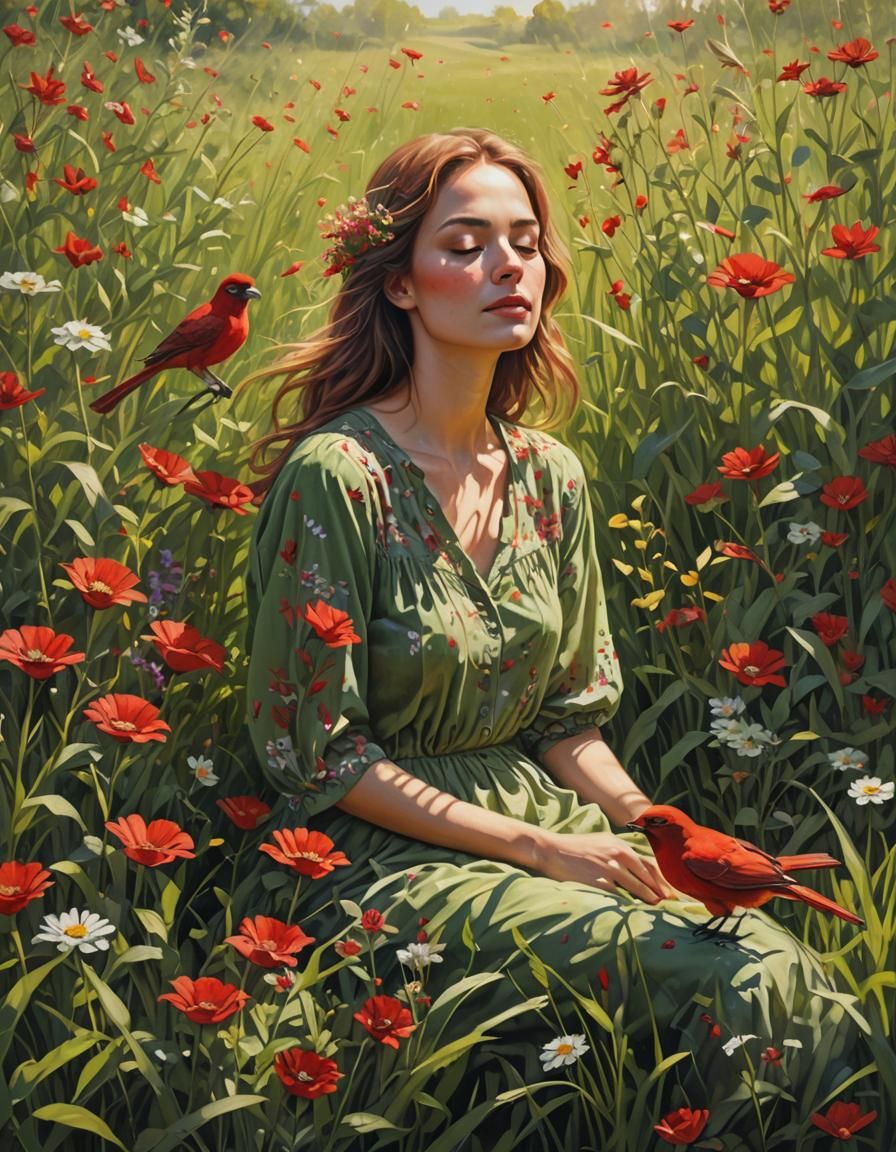 Red Bird and Woman in Lush Meadow
