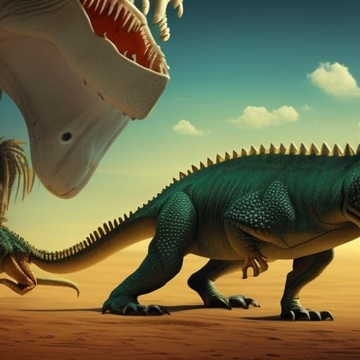 T-Rex and Crocodile Desert Party: Detailed Matte Painting
