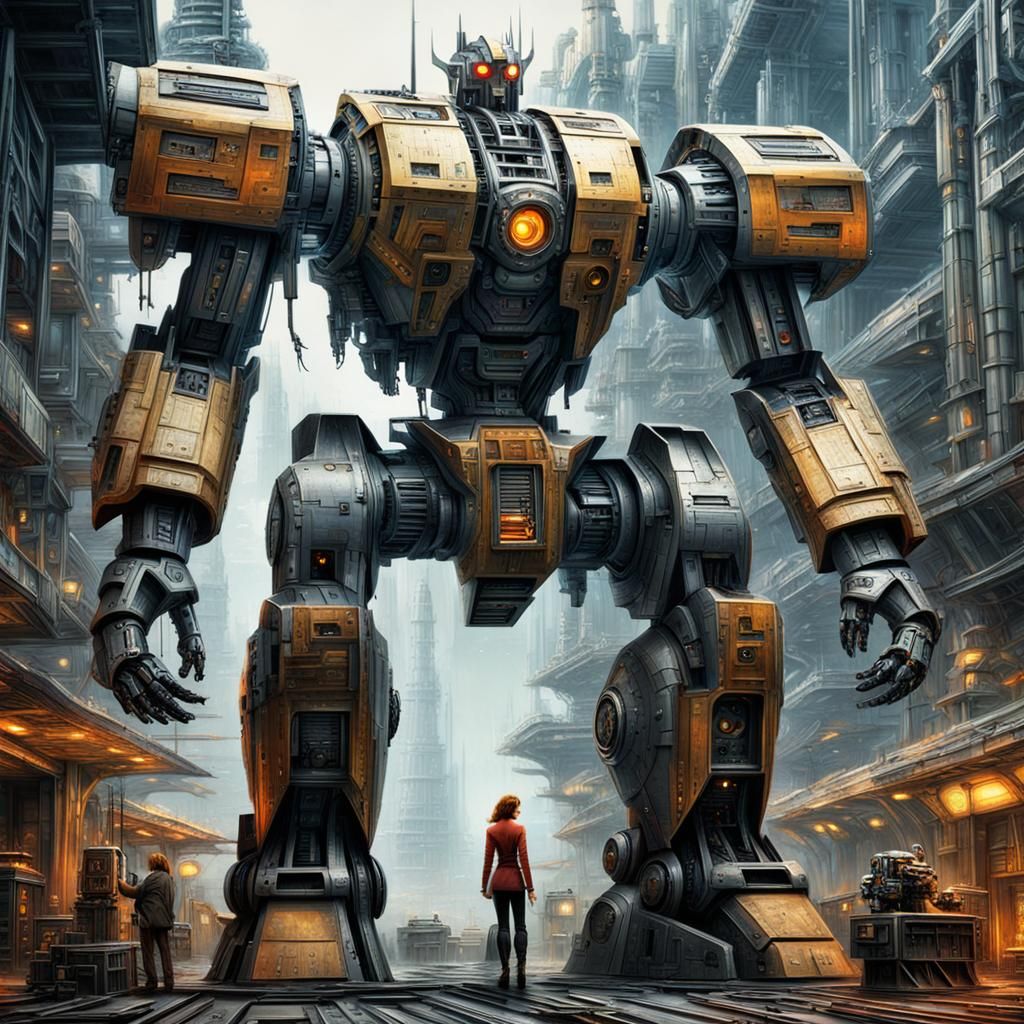 Futuristic City: Woman and Robot Constructing Giant Robot