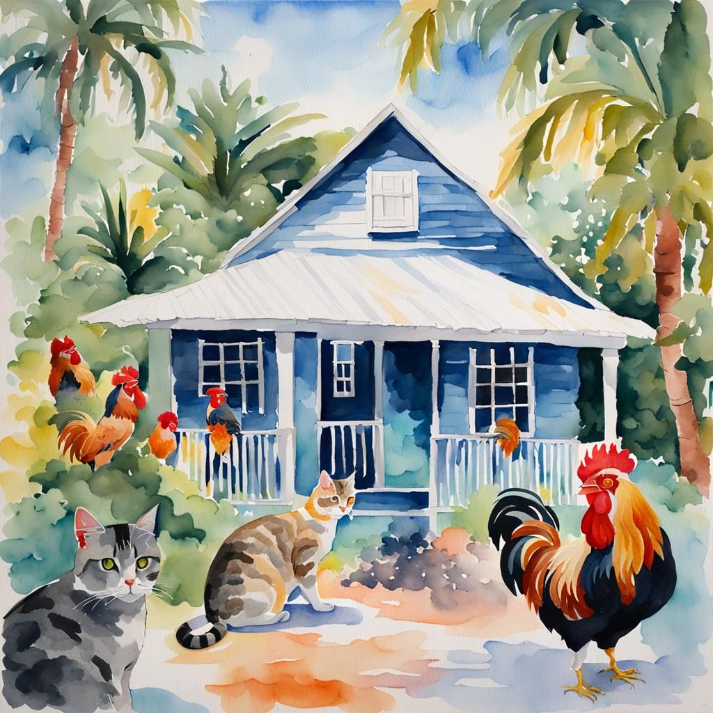 Key West Cottage with Cats and Roosters in Watercolor