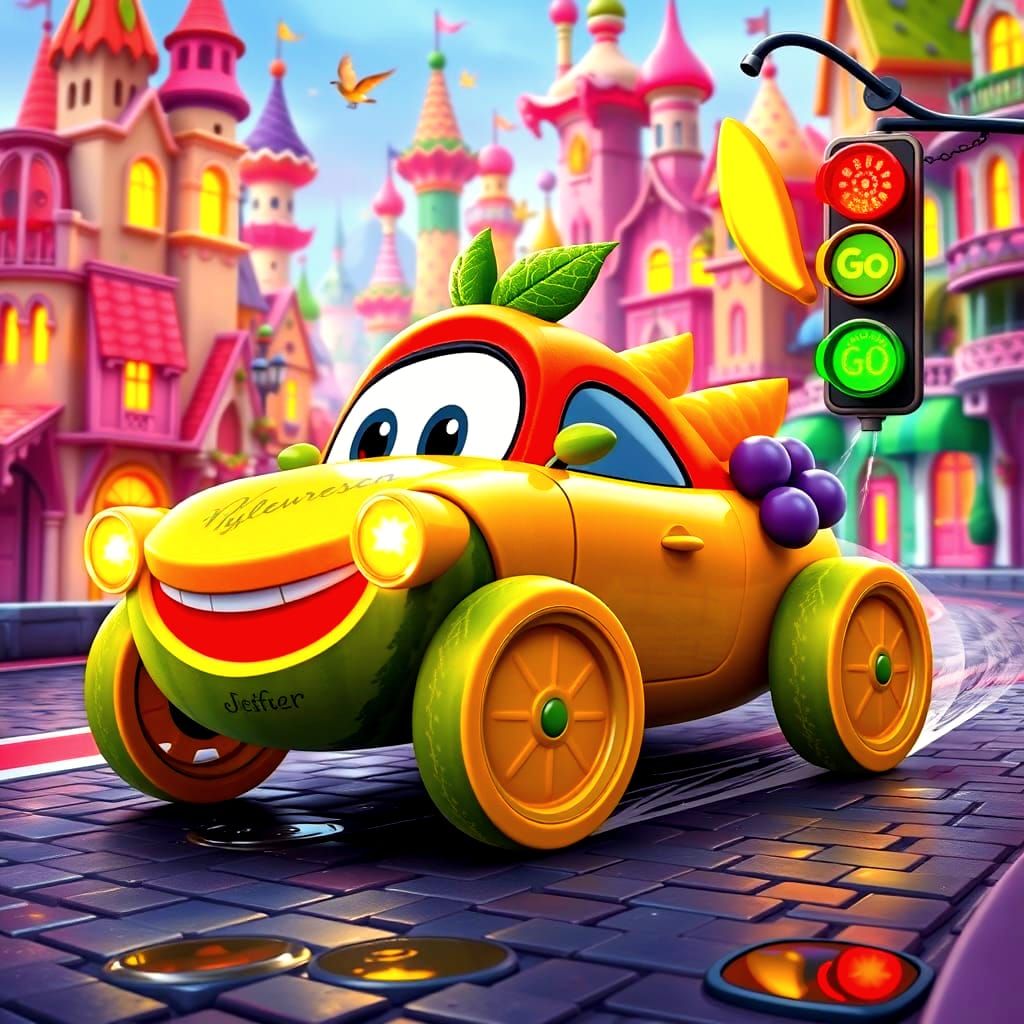 Fruit Car Races Through a Magical Cartoon City
