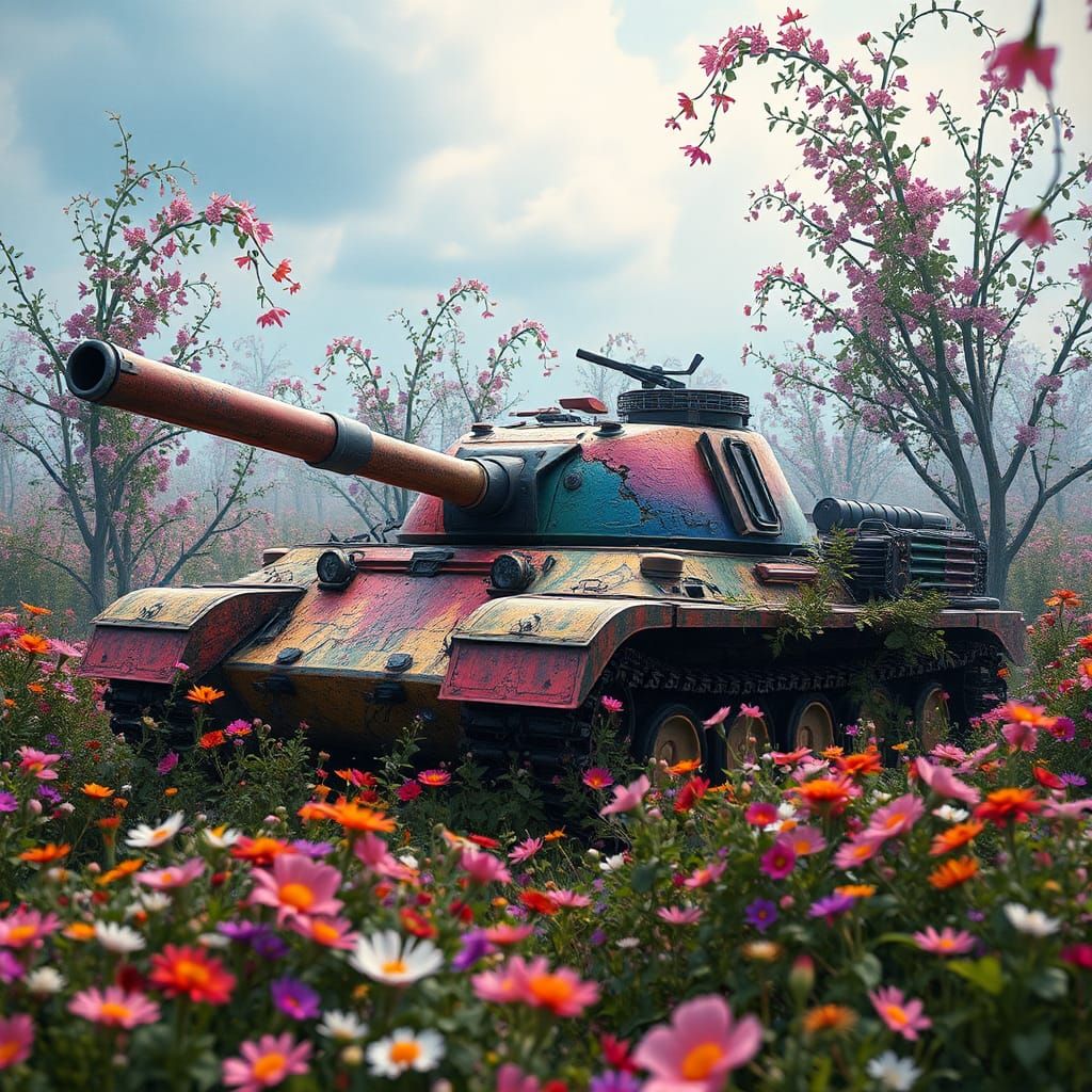 Rainbow Tank in Flower Field: Fantasy Concept Art