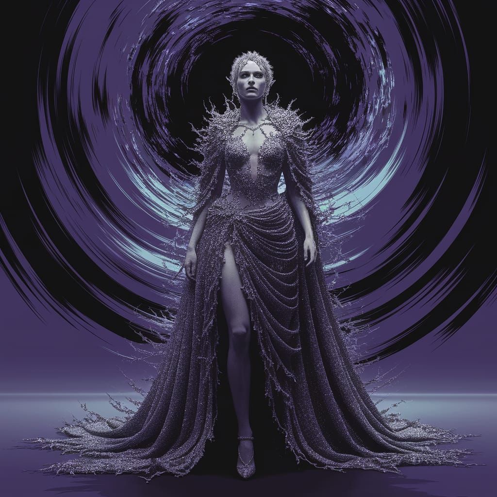 Regal Figure in Decaying Opulence Amidst Fractal Vortex