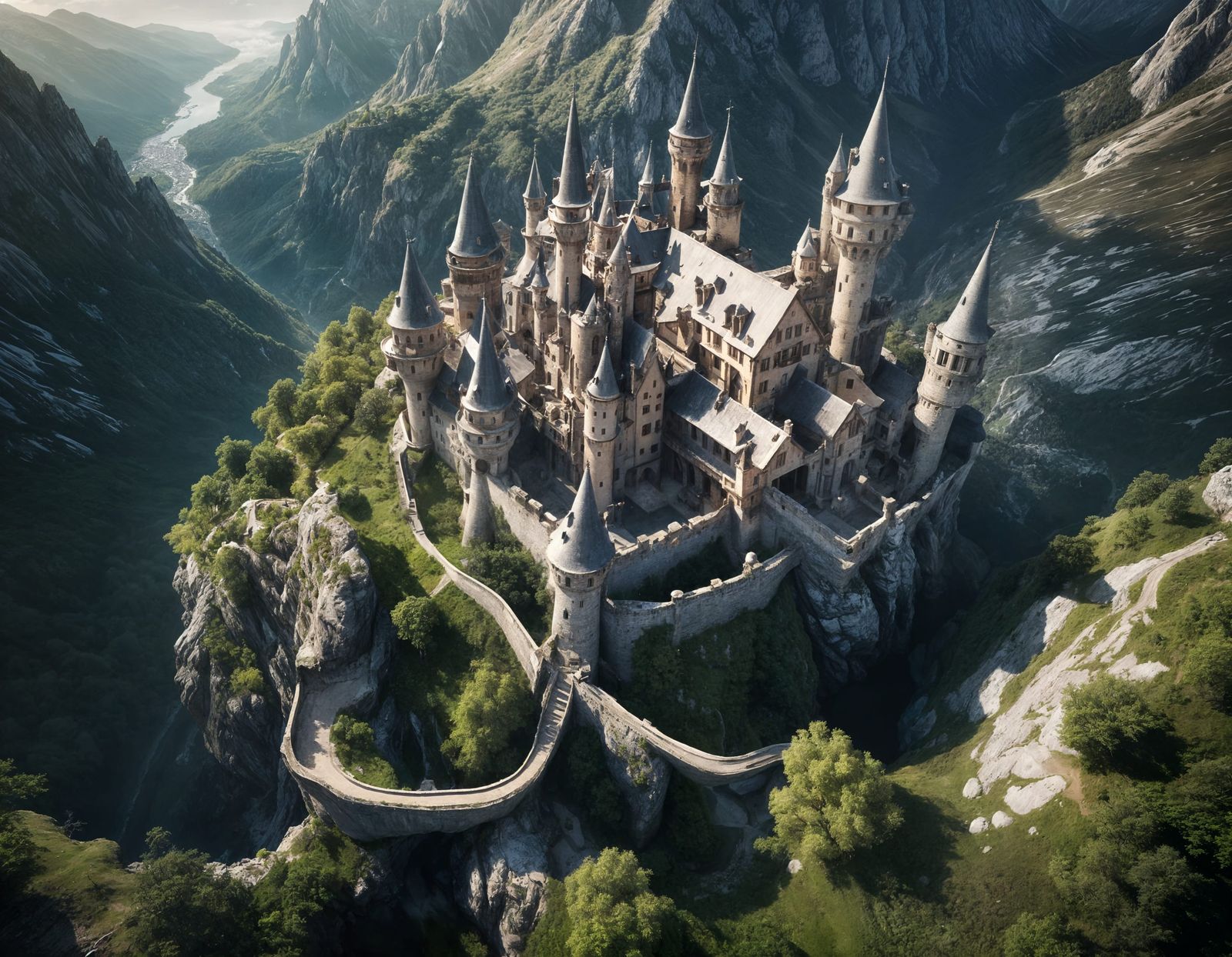 Fairytale Castle Bird's Eye View in Mountains