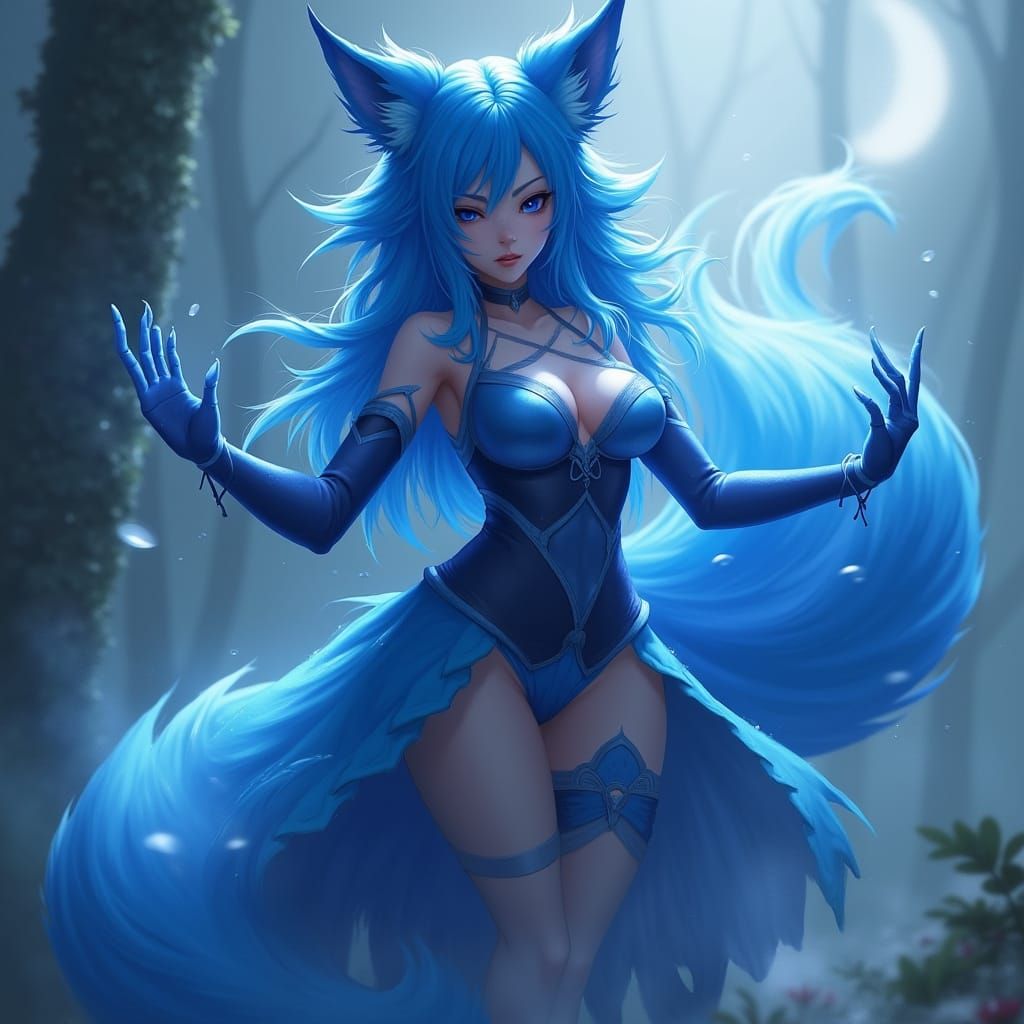 Blue Ahri Attacks in the Abyss: Photorealistic Detail