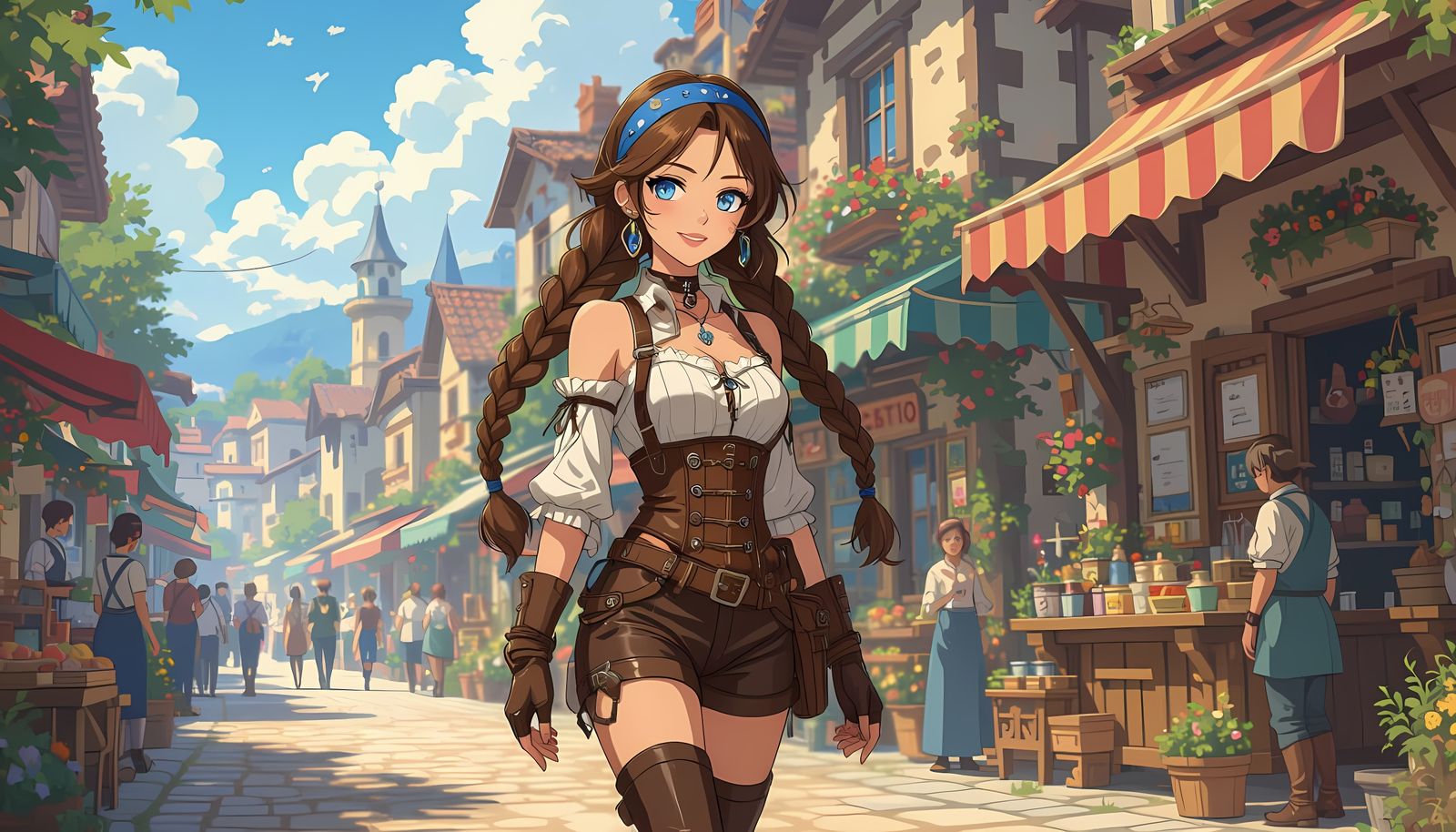 Steampunk Girl Walking in a Bustling Village: Anime Style