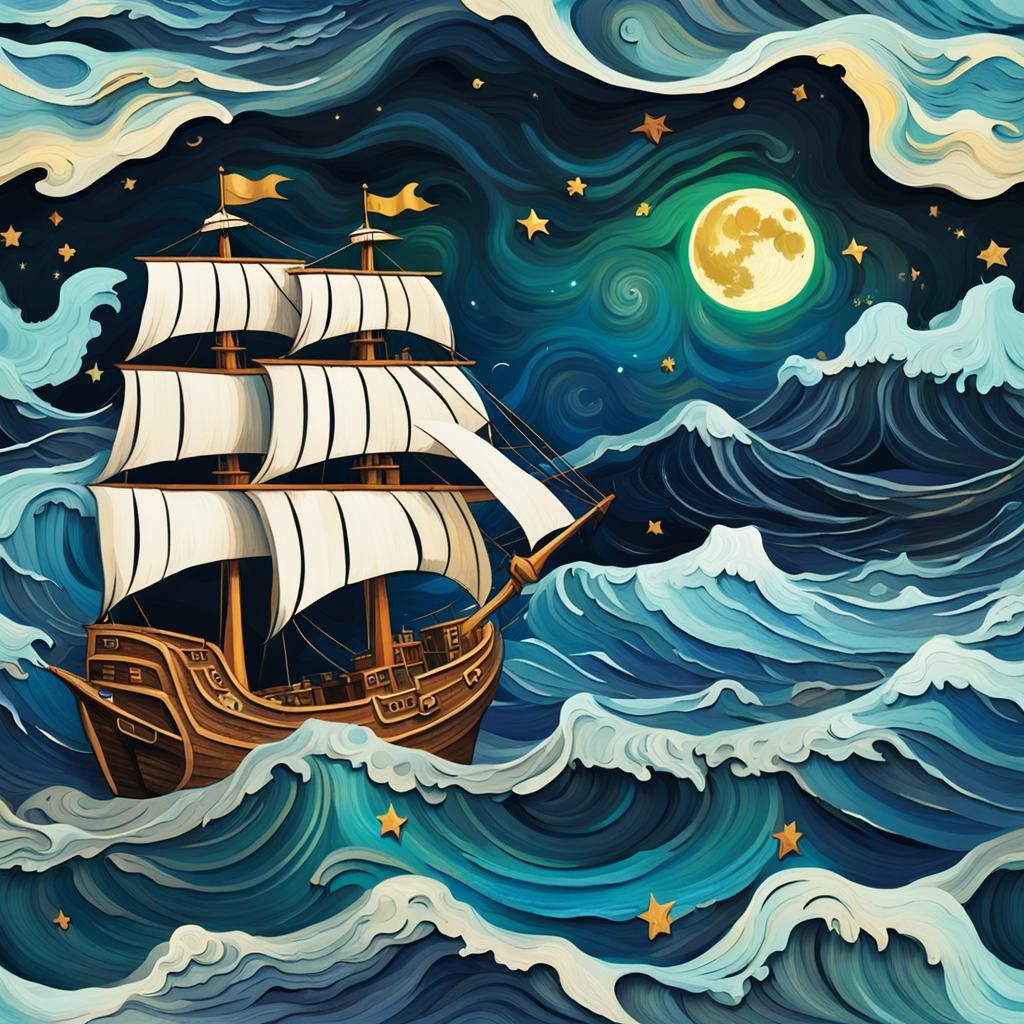 stormy sea with big ocean waves crashing against shore, pirate ship in the distance, full moon and twinkling stars, styl...