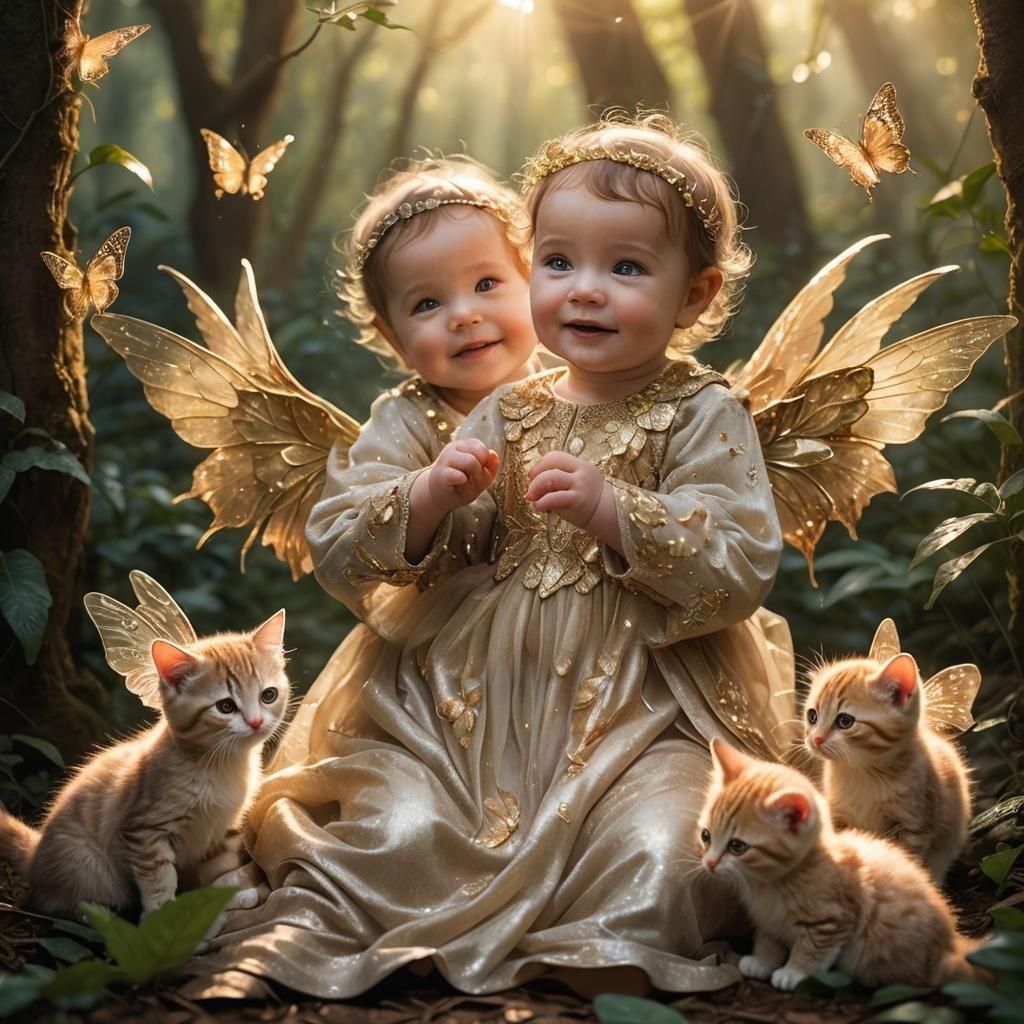 Ethereal Kittens and Baby in Enchanted Forest