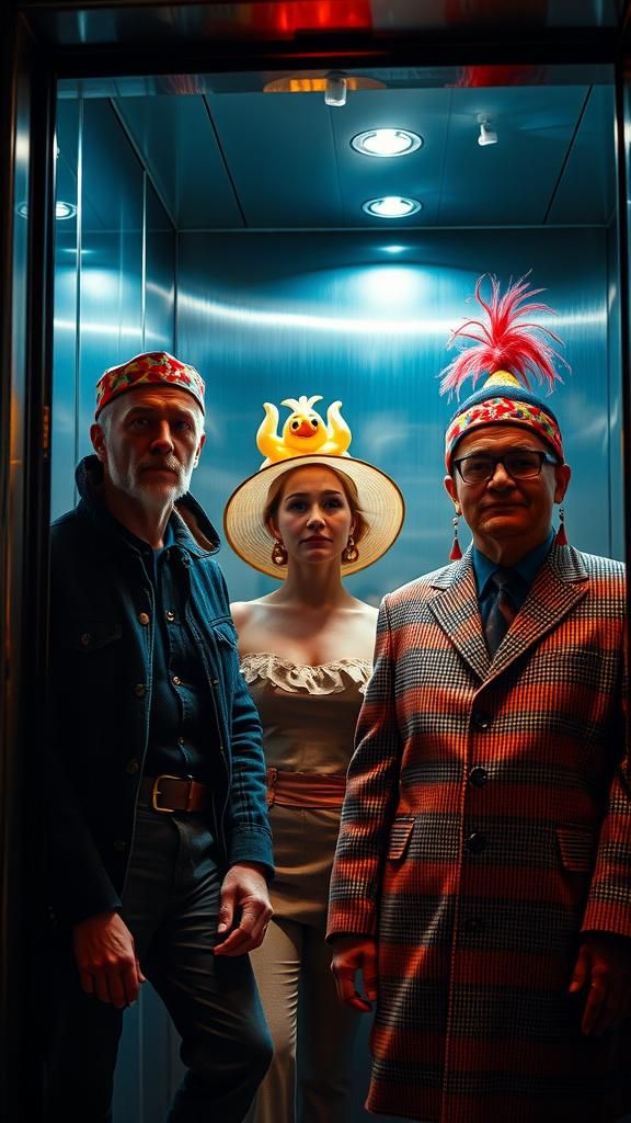 Ethereal Hotel Guests in Elevator Portrait