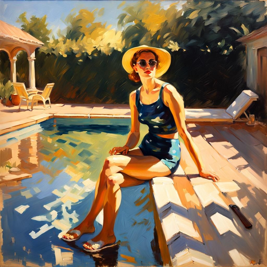 Woman by Pool in Impressionistic Sunlight