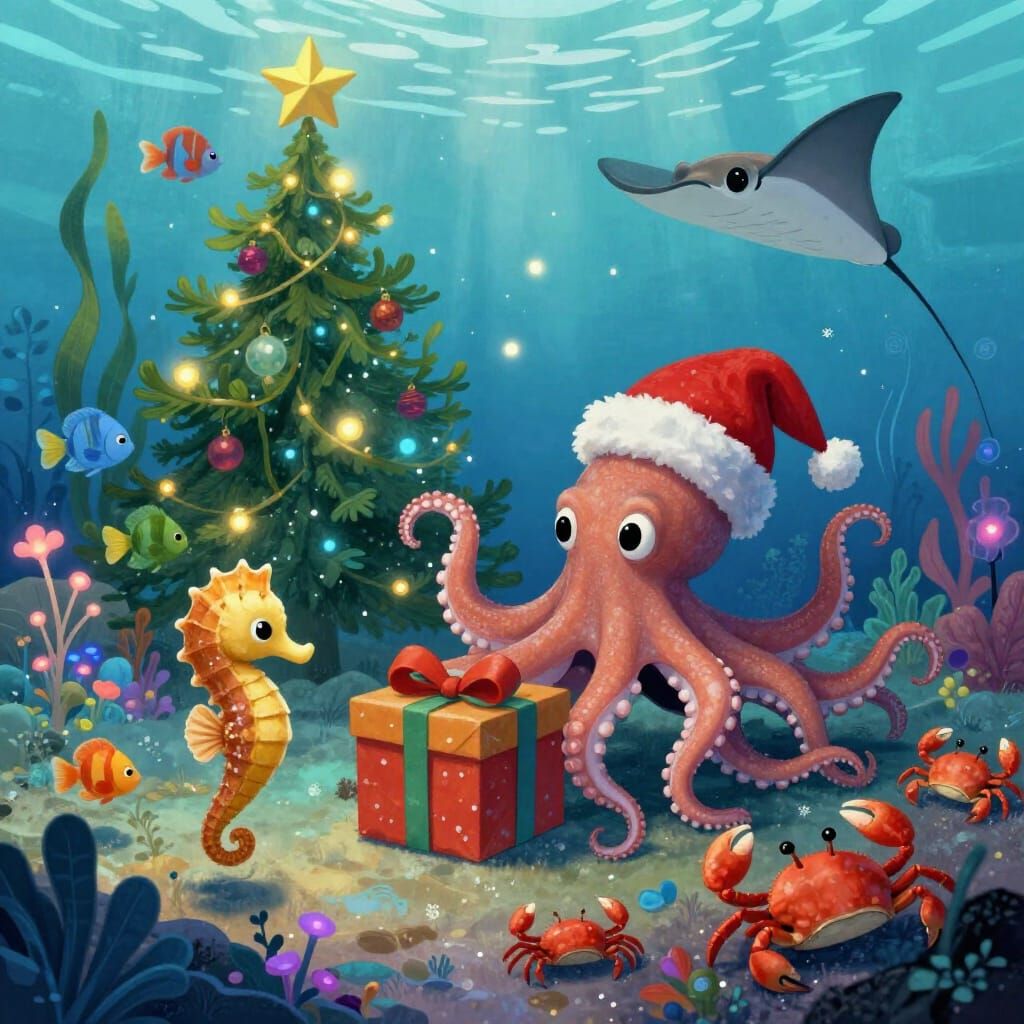 Underwater Christmas Scene With Gift-Giving Octopus