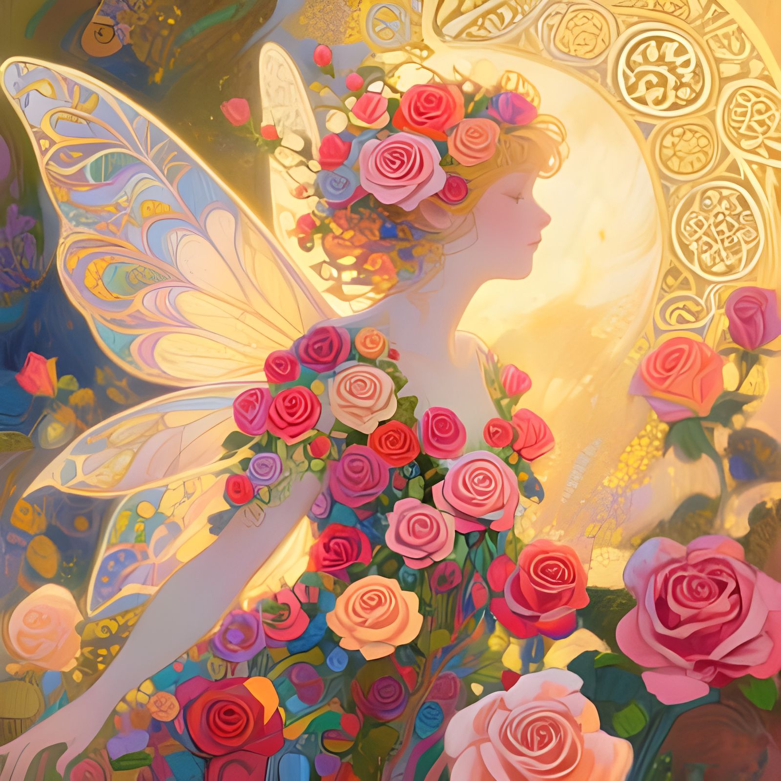 Enchanting Fairy Adorned with Roses in Abstract Style