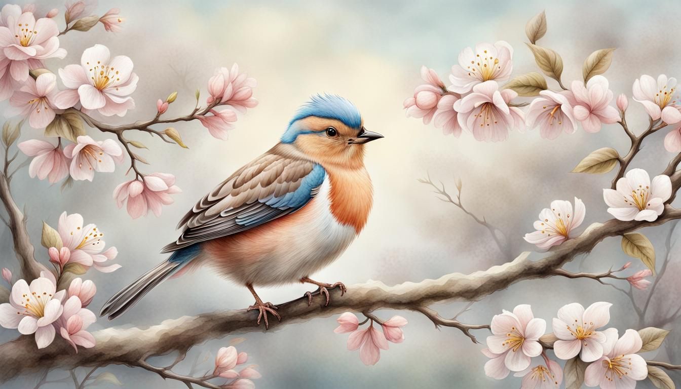 Cute Bird in Blossoms, Beatrix Potter Style