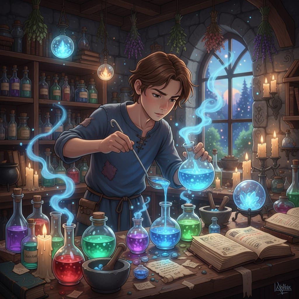Wizard Apprentice Filling Glowing Potions in Stone Workshop