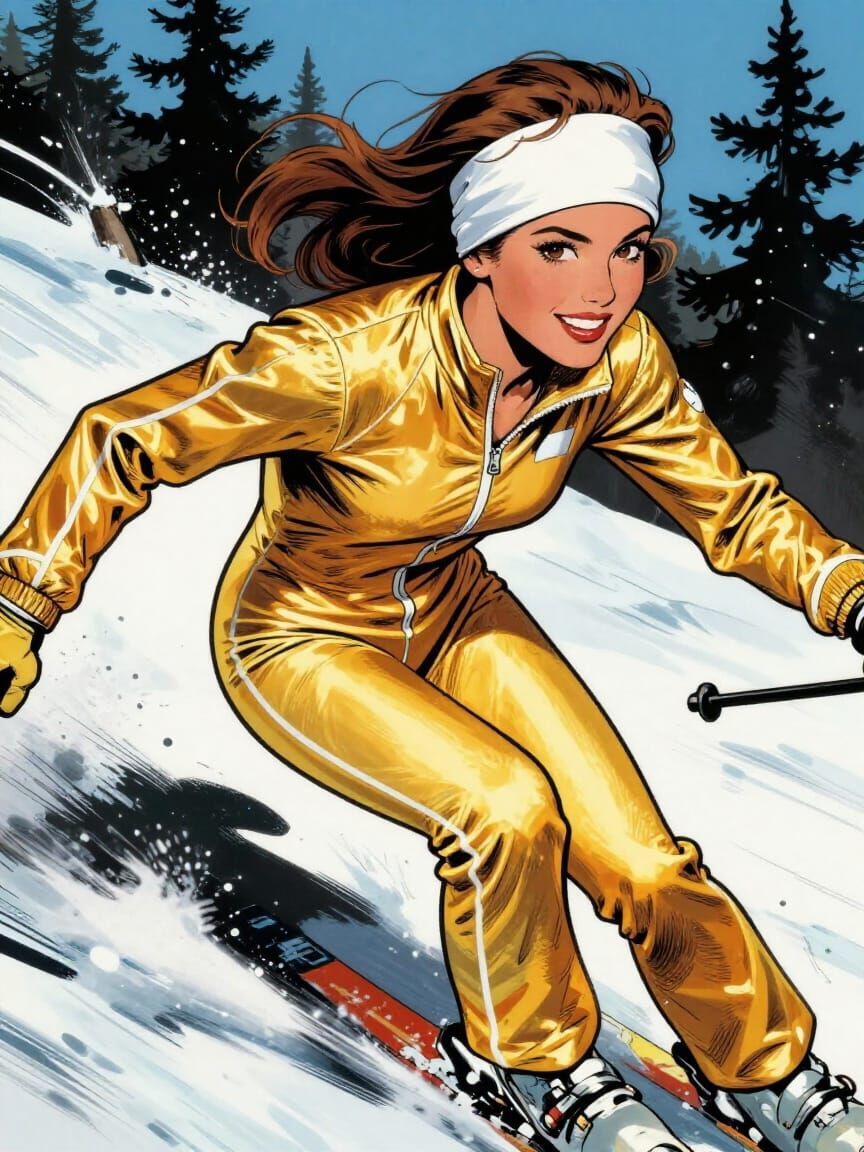 Dynamic 90s Ski Suit Woman in Comic Book Style