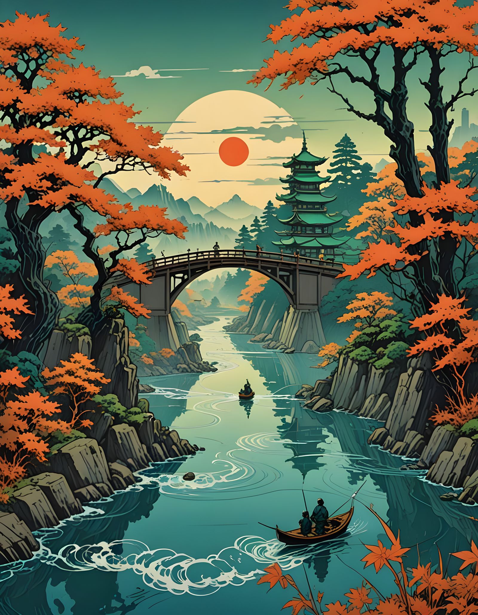 Steampunk Samurai Fisherman on Autumn Island Scroll Painting