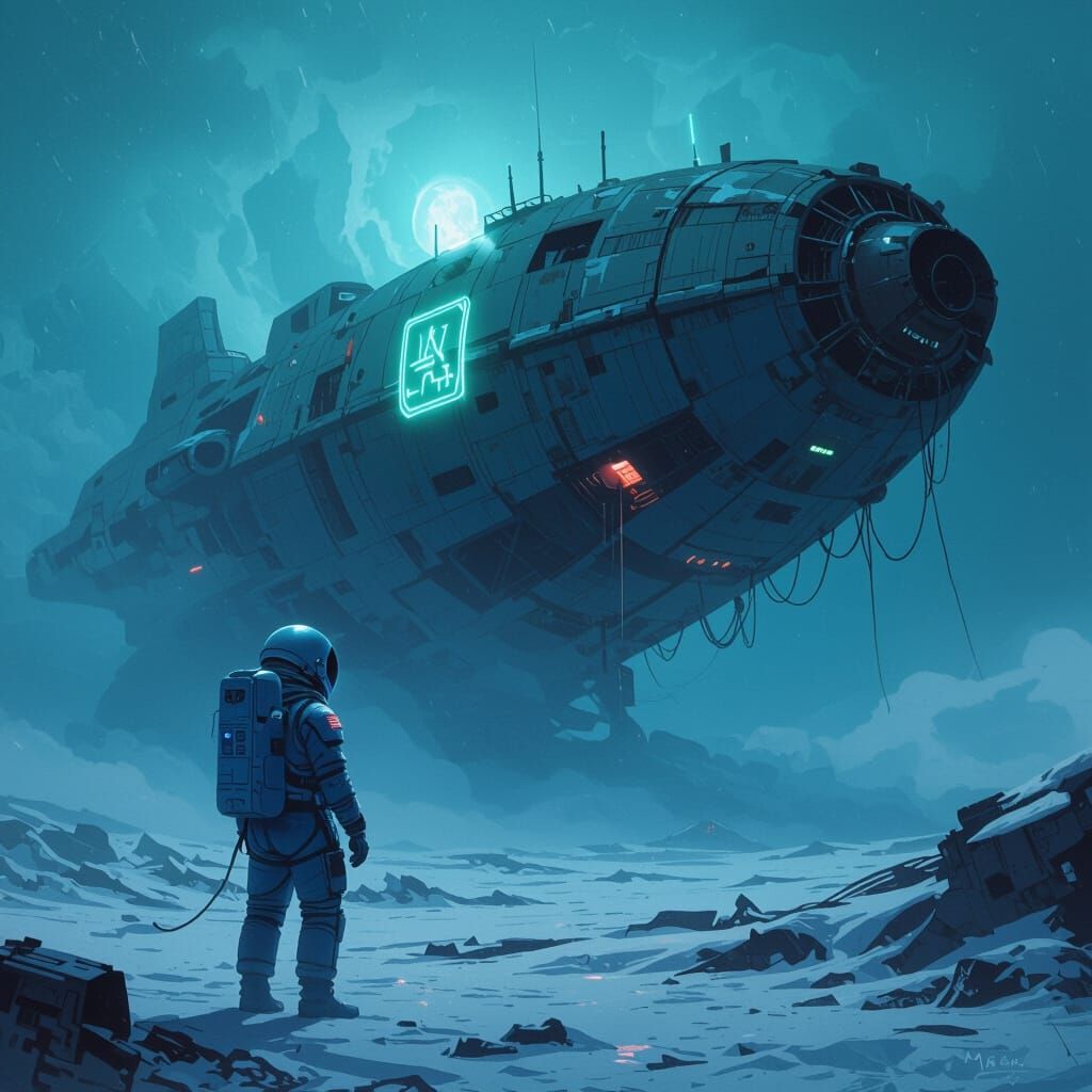 Astronaut on Derelict Spaceship in Neptune Ice