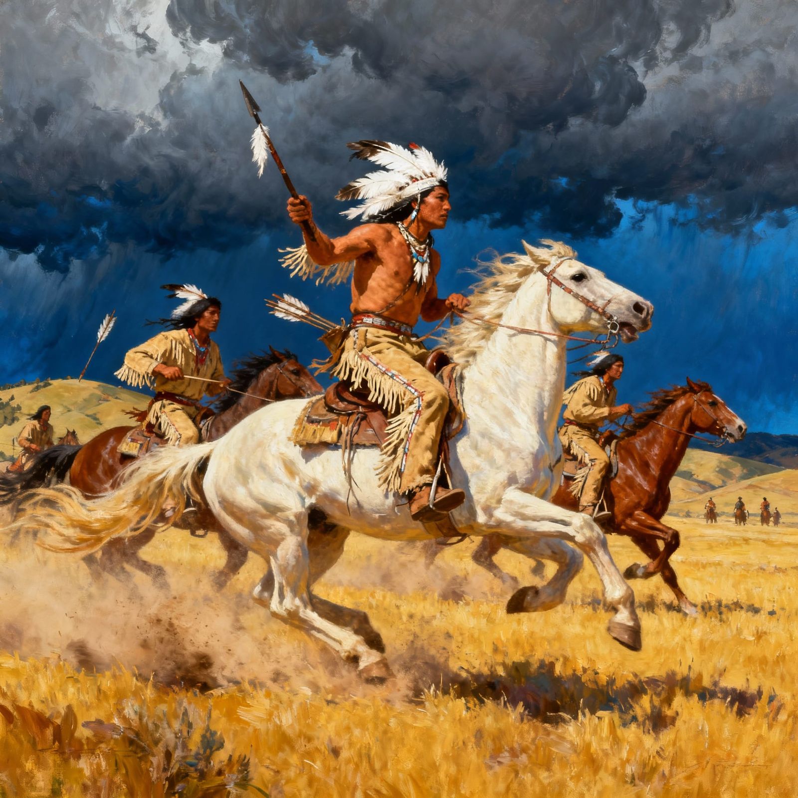 Native American Warriors on Horseback Chase in Stormy Prairi...
