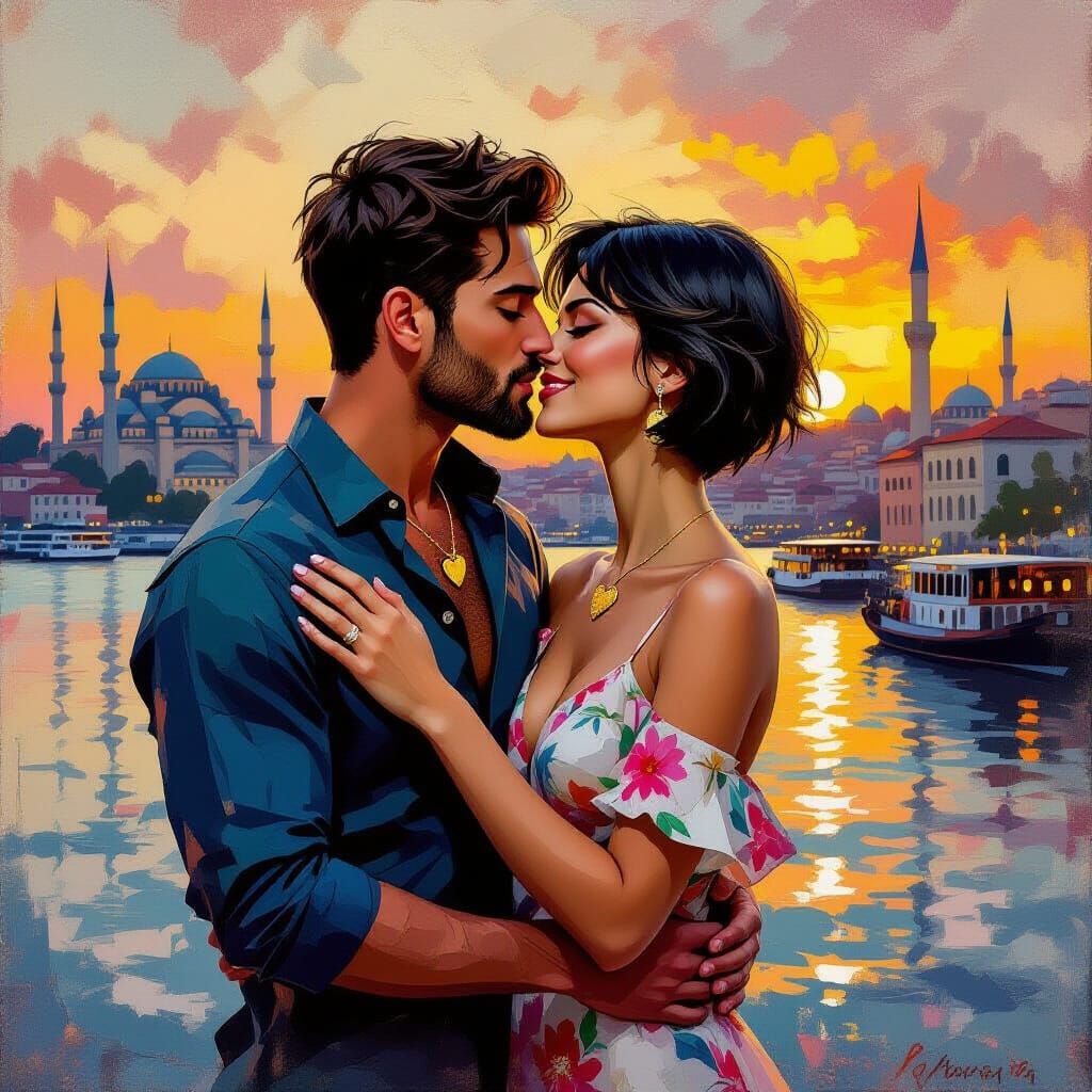 Couple's Romantic Bosphorus Kiss at Sunset