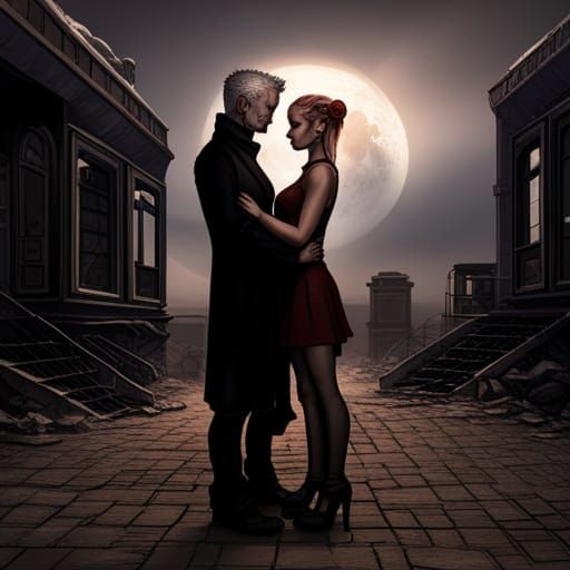 Steampunk Figures in Abandoned House with Bloody Sky