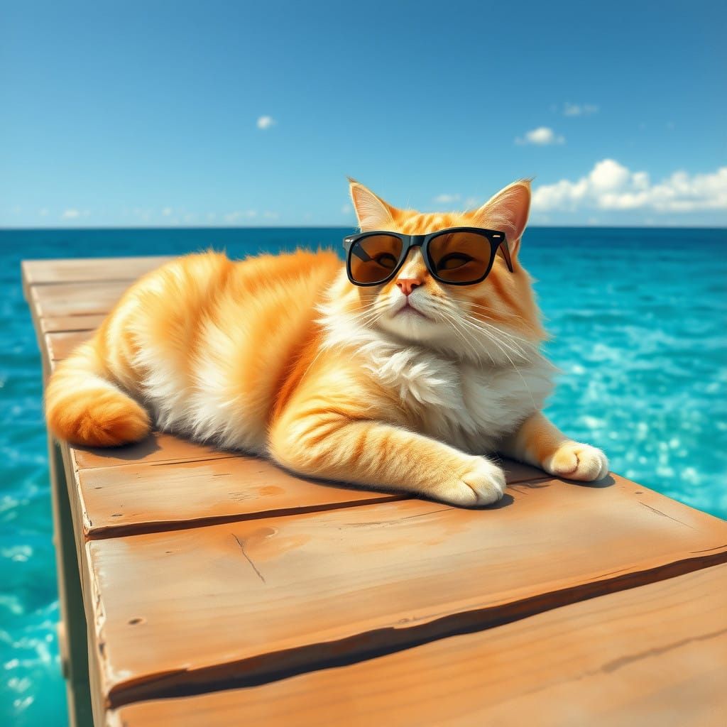 Cat Basks in Whimsical Beach Scene